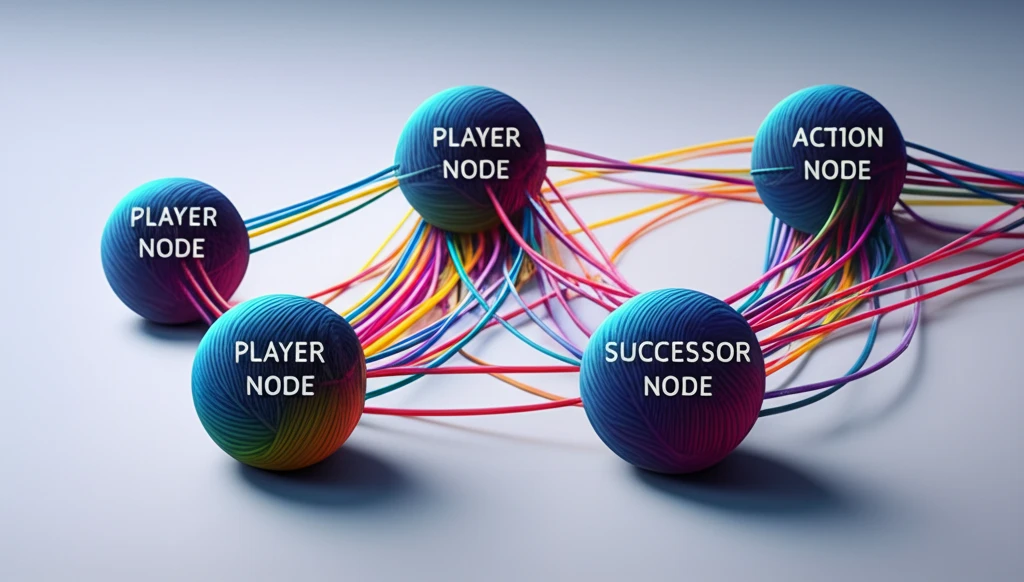 Abstract illustration of interconnected nodes representing game theory concepts.