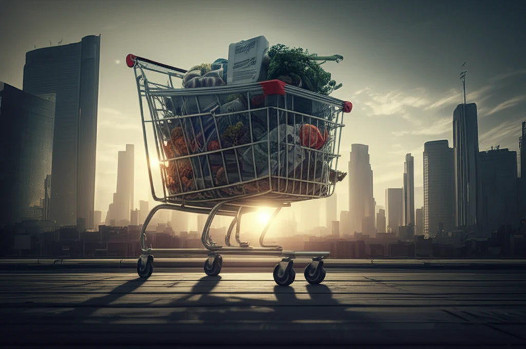 City skyline transforming into a shopping cart, symbolizing gentrification and spending.