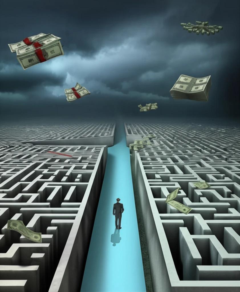 A surreal maze illustrates the complexities of Medicaid funding paths.