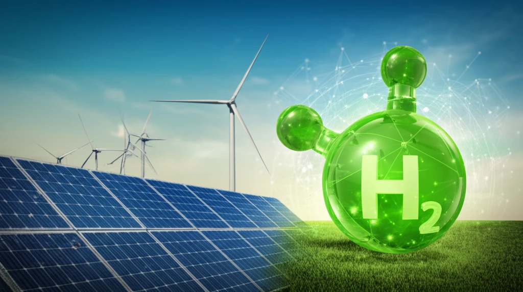 Green hydrogen molecule over Sub-Saharan Africa, symbolizing sustainable energy.