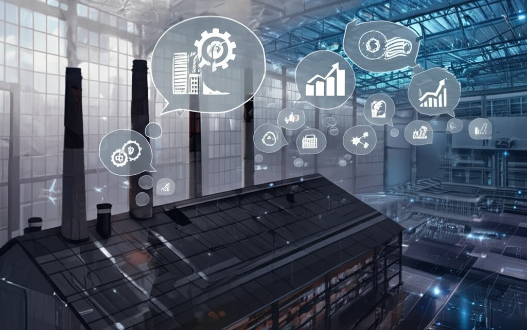 Factory with thought bubbles representing future expectations