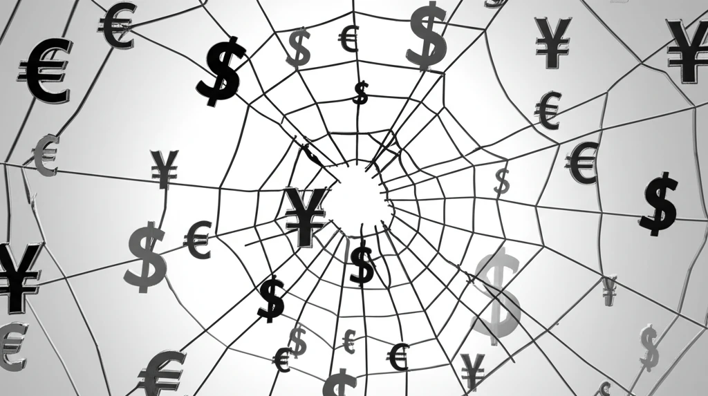 A visual representation of a financial network with a shockwave disrupting its stability.