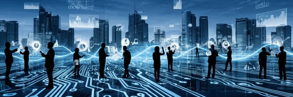 Tech-driven financial world with circuit boards skyline and data streams.