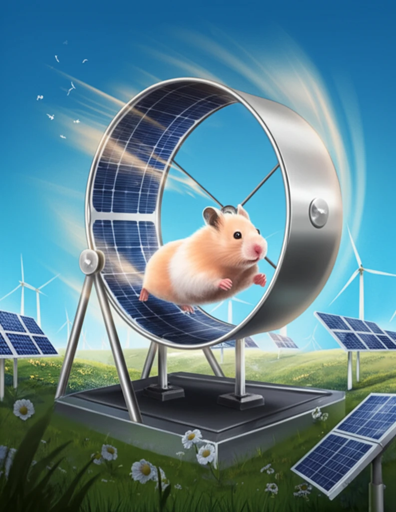 Hamster wheel of renewable energy, symbolizing wasted effort.