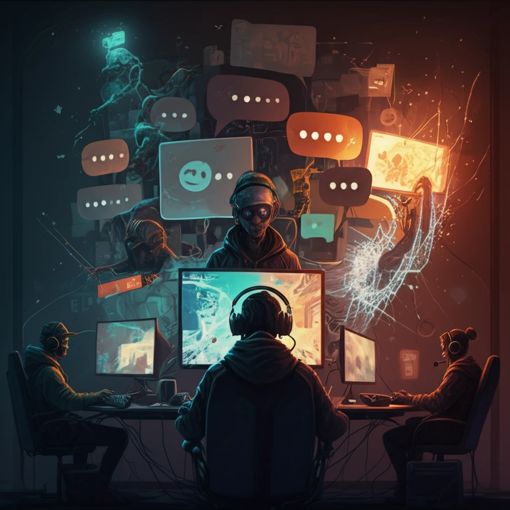 Digital illustration showing the balance between positive community and negative toxicity in online gaming.