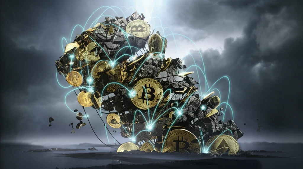 Collapsing Bitcoin skyscraper symbolizing the FTX collapse and cryptocurrency vulnerabilities.