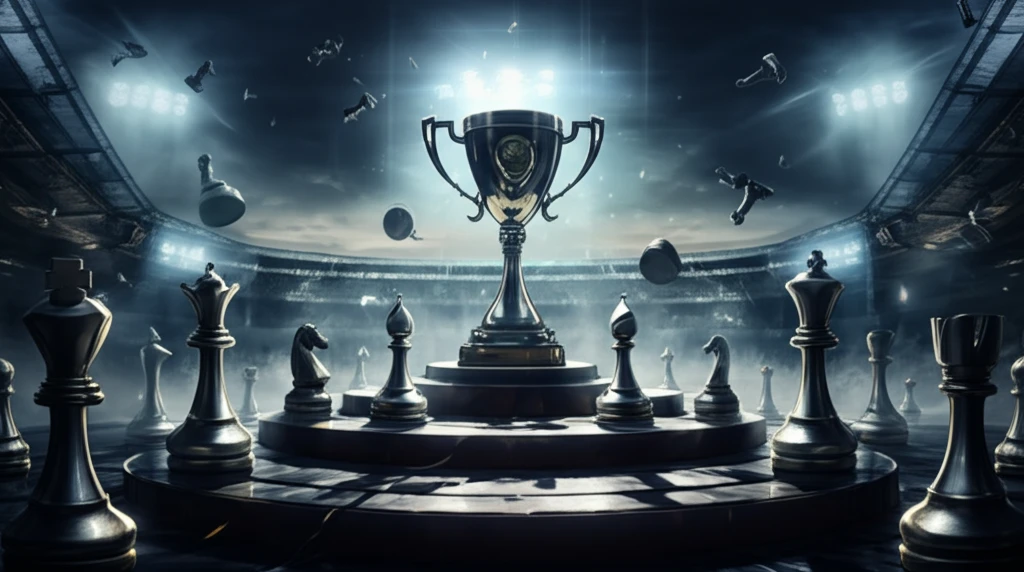 Chess pieces climbing a multi-tiered stadium towards a trophy