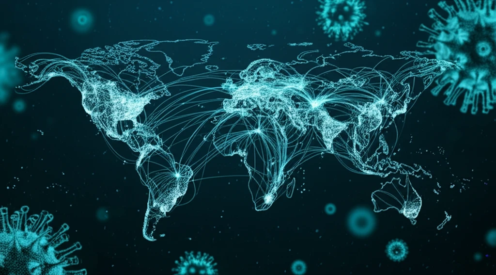 World map showing interconnected trade routes with a virus overlay, symbolizing the relationship between global trade and pandemic spread.