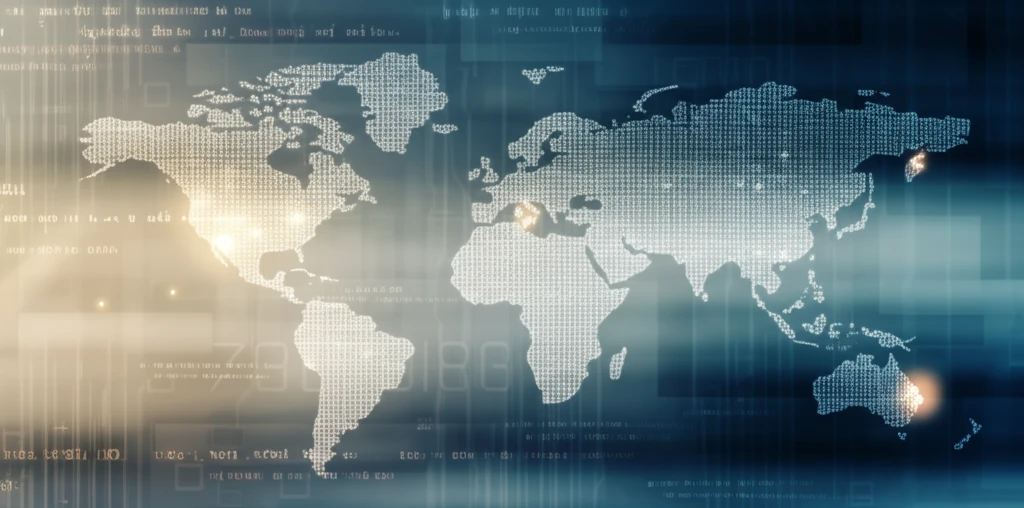 A digital world map made of code, representing software complexity.