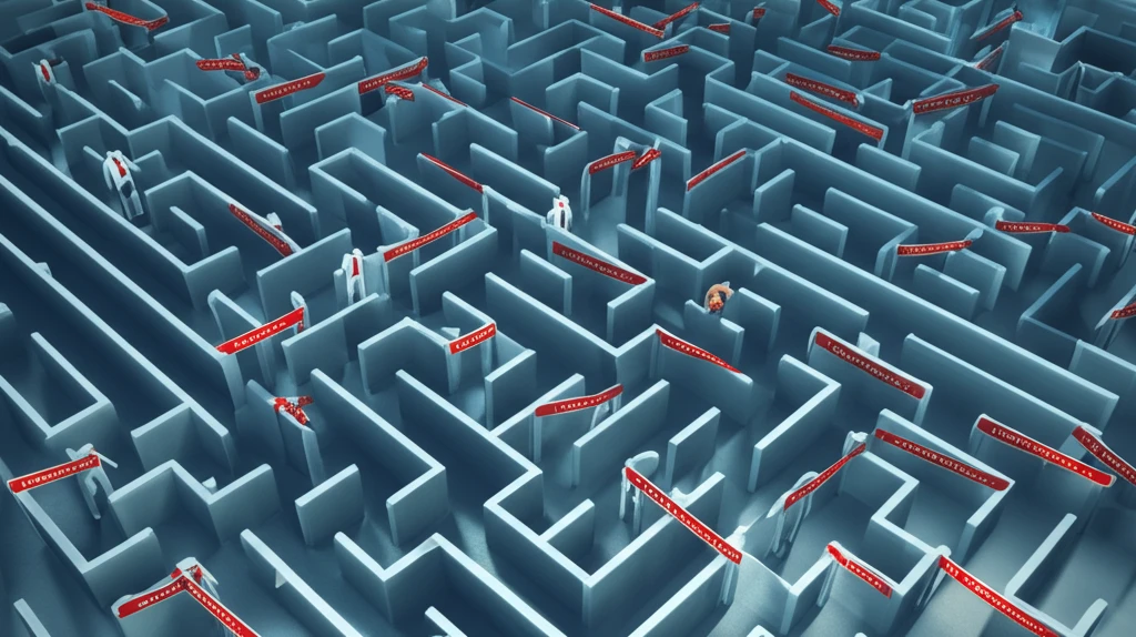 A complex maze representing the French job market, with workers navigating toward career opportunities.