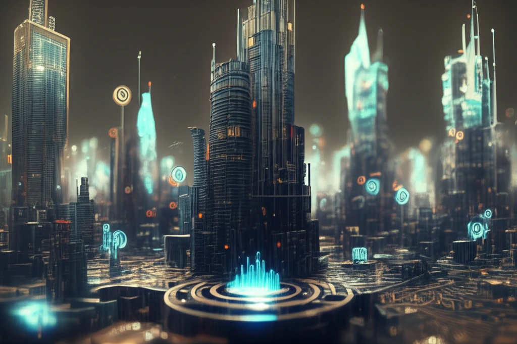 Decentralized Autonomous Organization (DAO) digital illustration representing interconnected community nodes and governance tokens in a futuristic city.