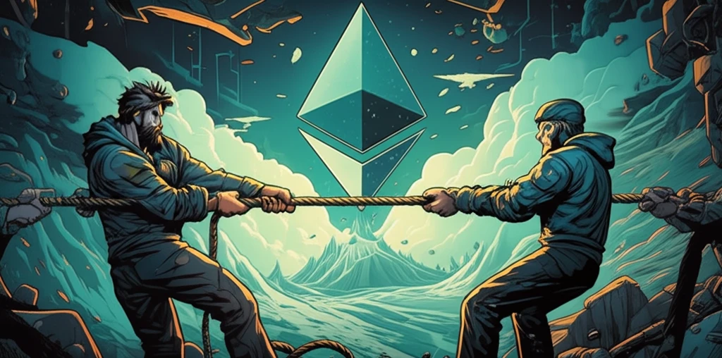 Surreal illustration of the Blockchain Trilemma, showcasing the tension between decentralization, scalability, and security, with Algorand and Ethereum 2.0 in the landscape.