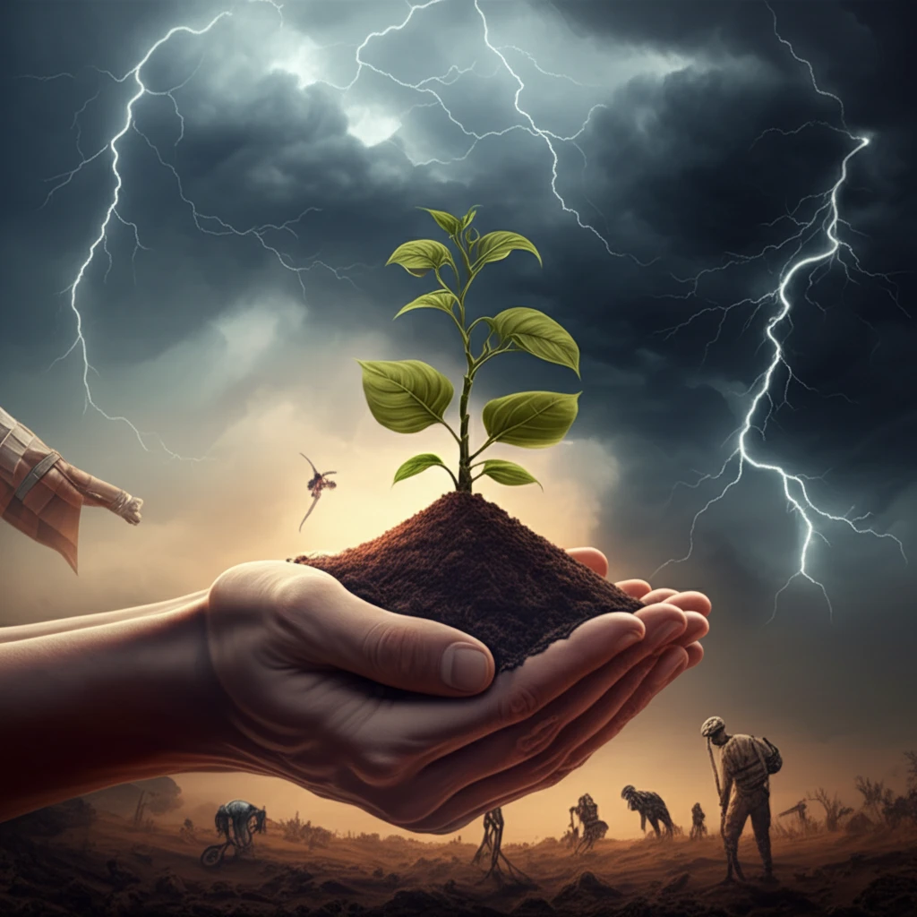 A surreal illustration showing the duality of microfinance: potential growth and inherent risk.