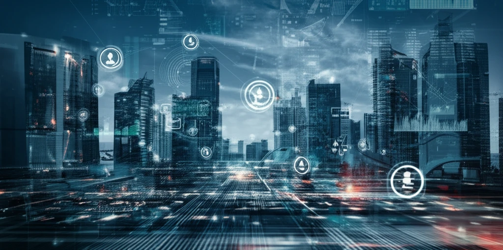 Interconnected financial transactions flowing between futuristic cityscapes.