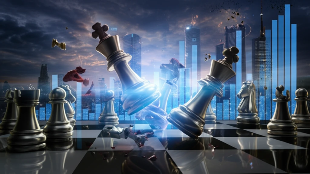Chess pieces strategizing on a market trend graph against a cityscape backdrop, symbolizing dynamic market analysis.