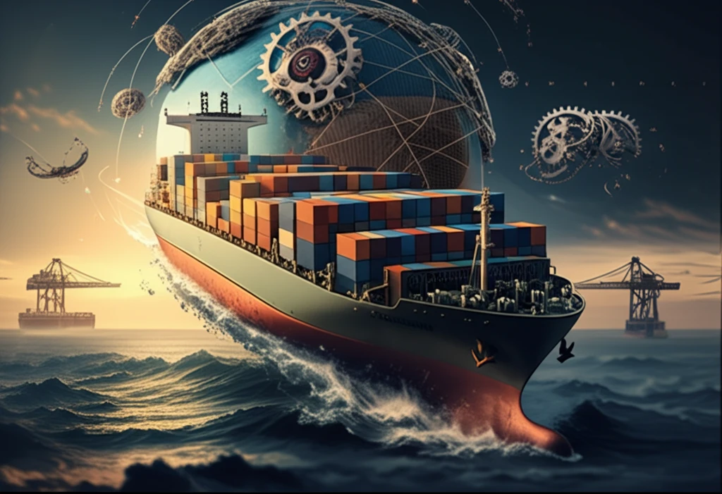 Global trade network symbolized by container ships and gears.