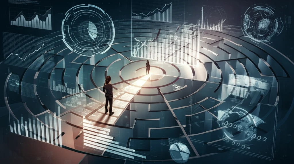 A person navigates a maze of data with a shining 'instrumental variable' leading the way.