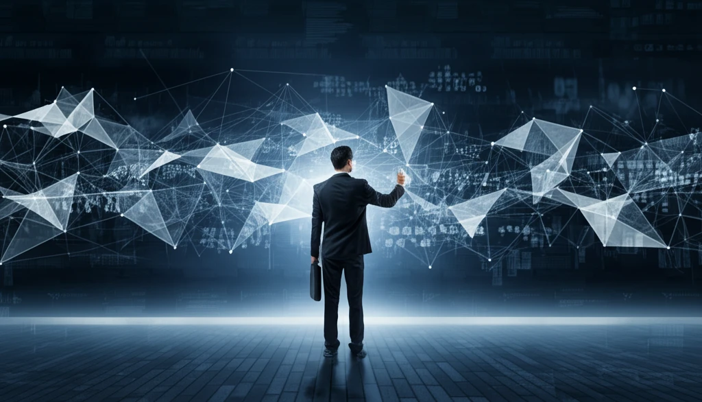 Economist analyzing complex data with neural network, symbolizing deep learning's power in unlocking data potential.