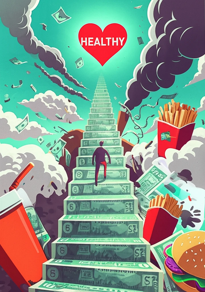 A symbolic illustration of the complex journey to health, showing the connection between wealth, lifestyle choices, and environmental factors.