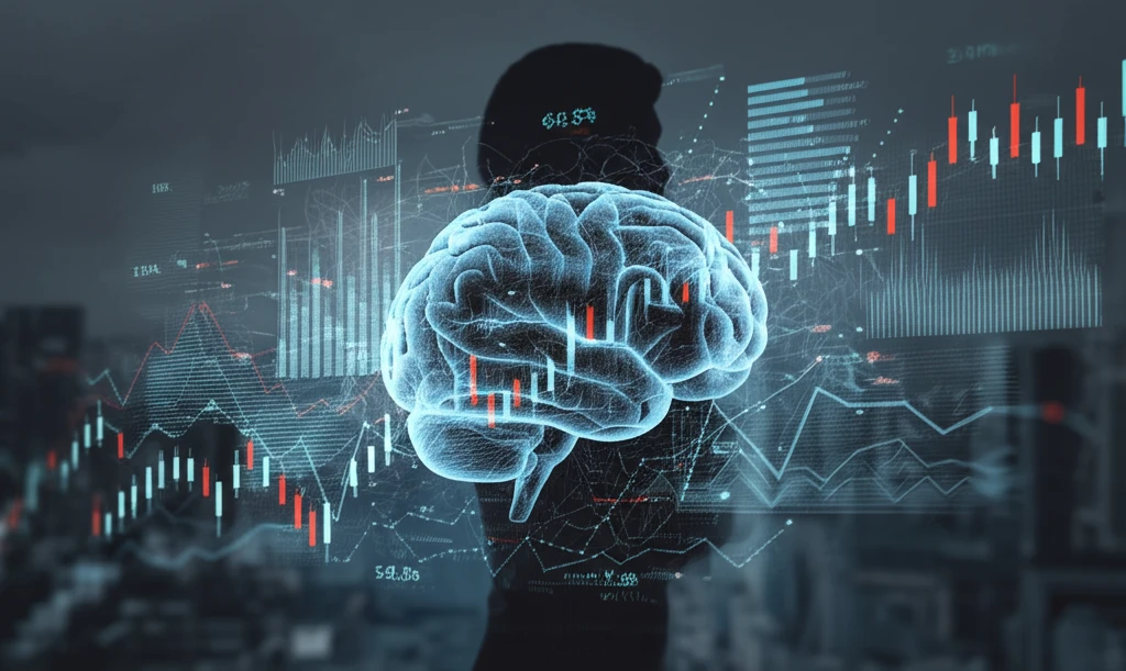 Brain intertwined with stock market charts, symbolizing investment decisions and economic thought.