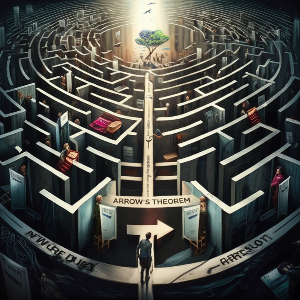 Surreal illustration of voting labyrinth symbolizing Arrow's Theorem and a path to democratic innovation.
