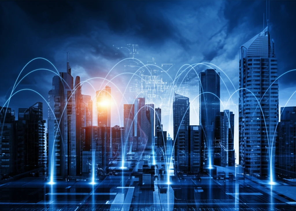 Cityscape interwoven with neural network diagrams, symbolizing Capital and AI convergence.