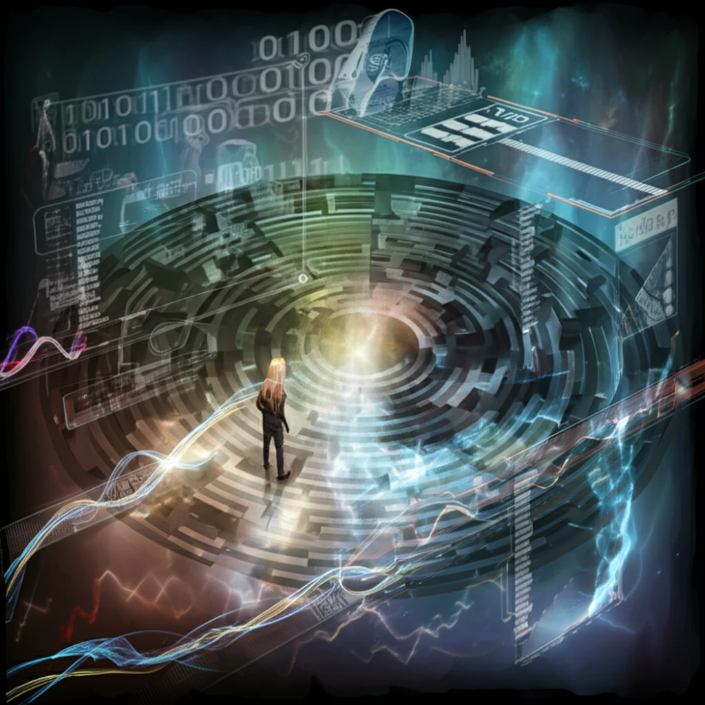 Person navigating a maze with dynamic data streams.