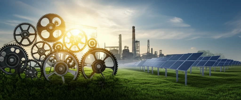 Interconnected gears and lush greenery symbolize sustainable entrepreneurship.