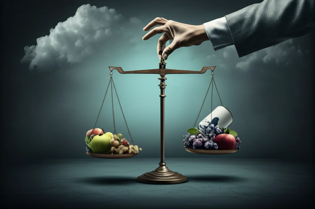 Scales balancing addictive temptation with healthy choices.