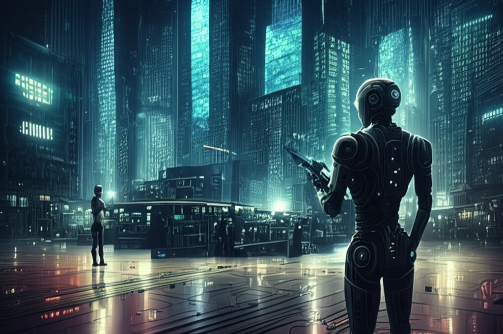 AI robots trading in a futuristic stock exchange, symbolizing AI in finance.