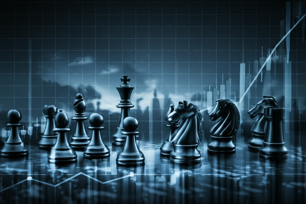 Chess pieces on a dynamic economic graph symbolize strategic decisions.