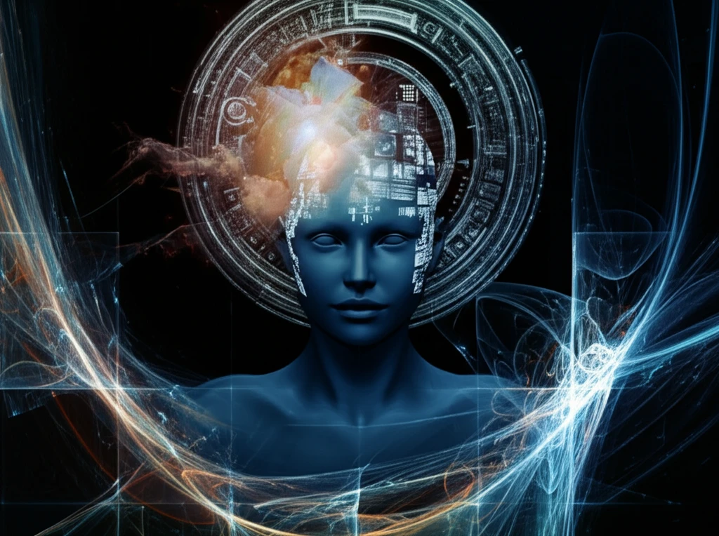 Surreal illustration of human-AI cognitive merging