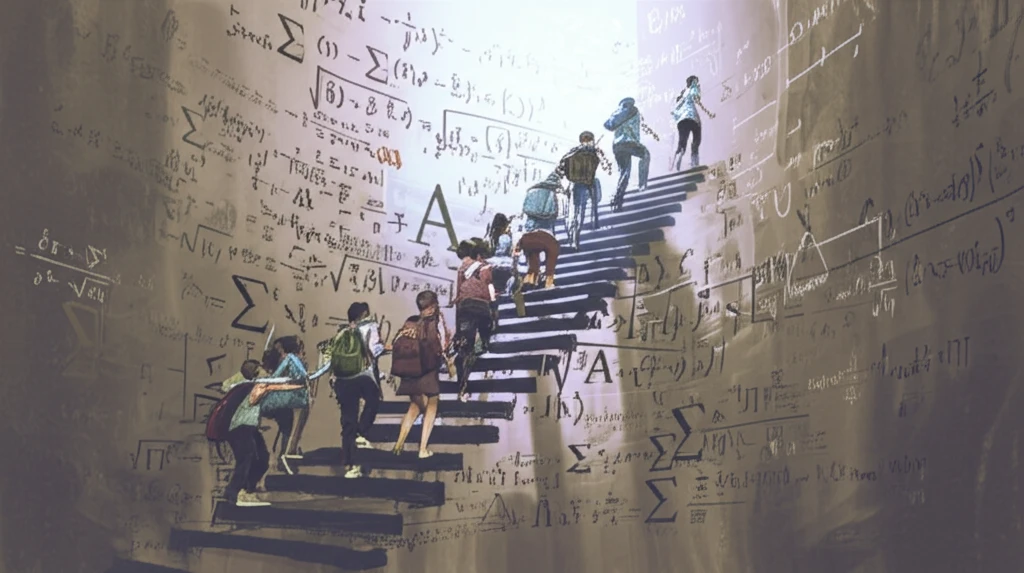 Diverse students climbing a staircase of equations.