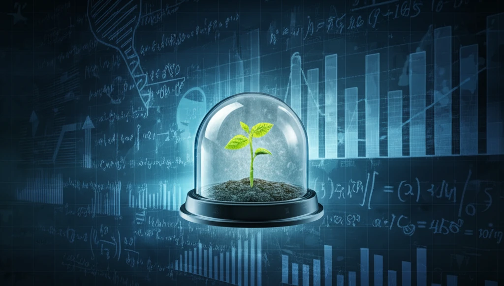 Seedling growing in protective dome amid statistical graphs.