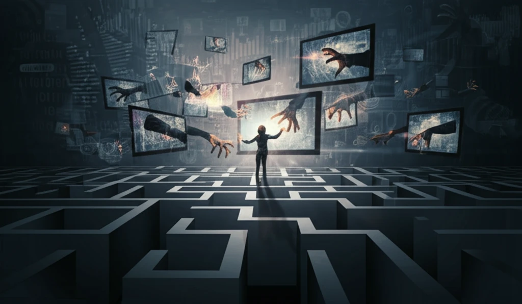 Navigating a maze of digital screens, hands reaching out