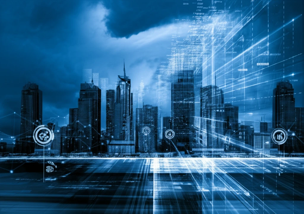 Futuristic cityscape interwoven with data visualizations representing economic complexity.