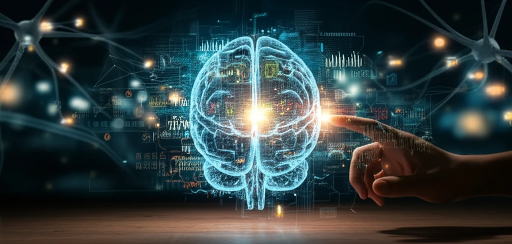 AI brain composed of market data being guided by a hand, representing reinforcement learning in high-frequency trading.