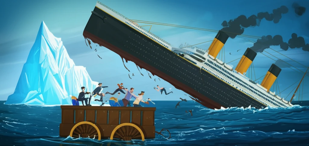 Surreal illustration of voters on a bandwagon and a sinking ship, symbolizing election dynamics.