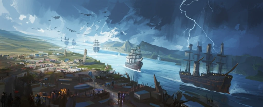 Surreal illustration of a storm-carved waterway bringing trade and prosperity.