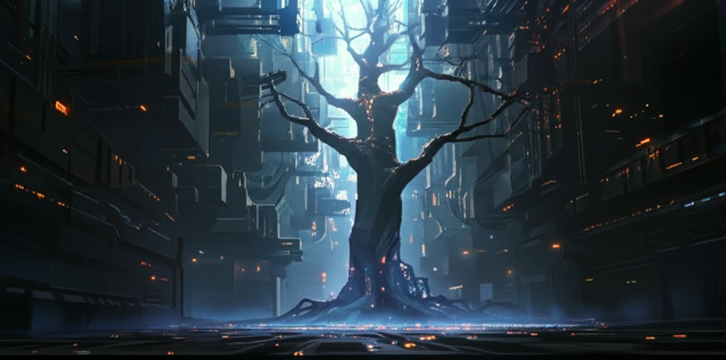 A luminous tree extracting knowledge from a data forest.