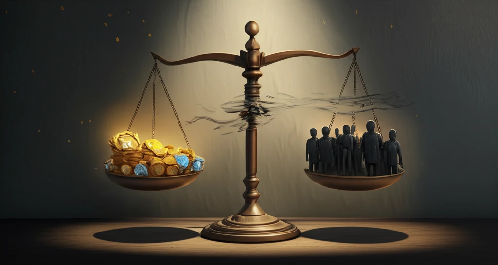 Precarious balance scale representing the rewards and repression in autocratic rule, with a distorted reflection of the leader.