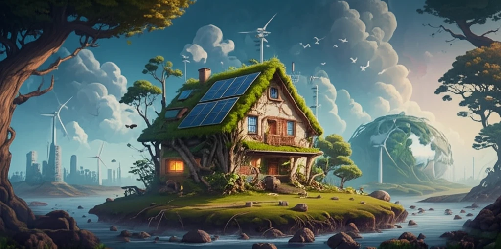 House transforming into a green ecosystem, symbolizing energy efficiency and sustainability.