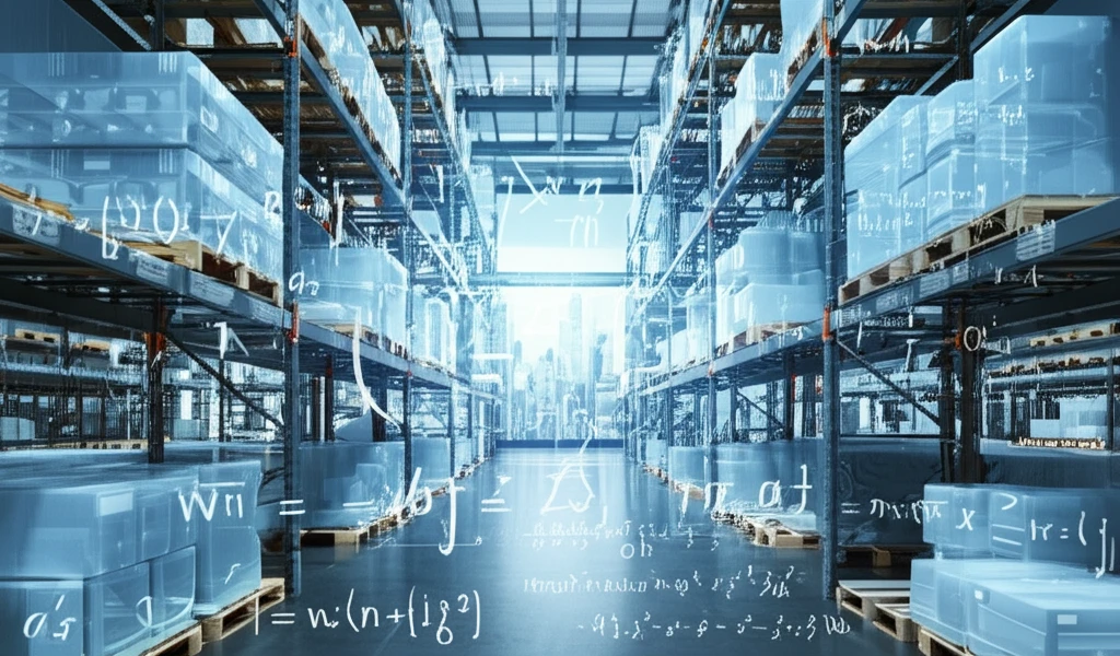 Futuristic warehouse filled with glowing products and floating equations, symbolizing advanced inventory management.