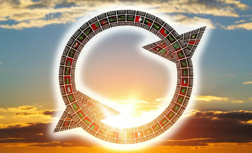 Stock market ticker tape forming a sunrise and sunset, representing diurnal market patterns.
