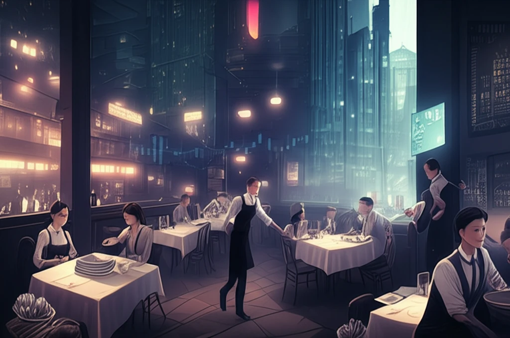 Restaurant scene illustrating the shift from part-time to full-time employment due to minimum wage fluctuations.