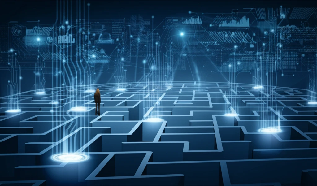 Person navigating a maze of data streams