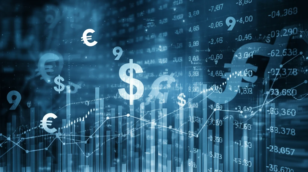Surreal digital illustration of a financial market landscape, charts, symbolic representations of economic activities.