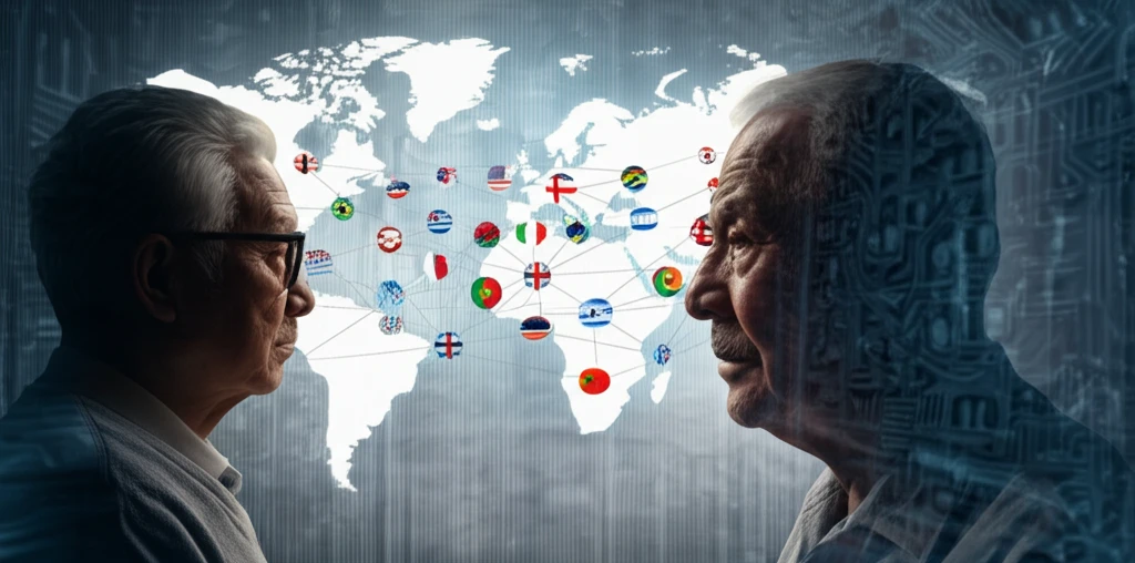 Cultural symbols transforming into older adults, representing the influence of culture on aging perceptions.
