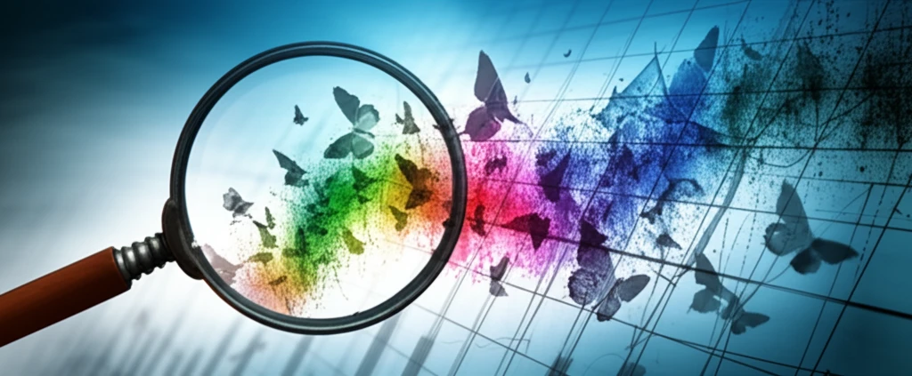 Economic graph transforming into butterflies under a magnifying glass.