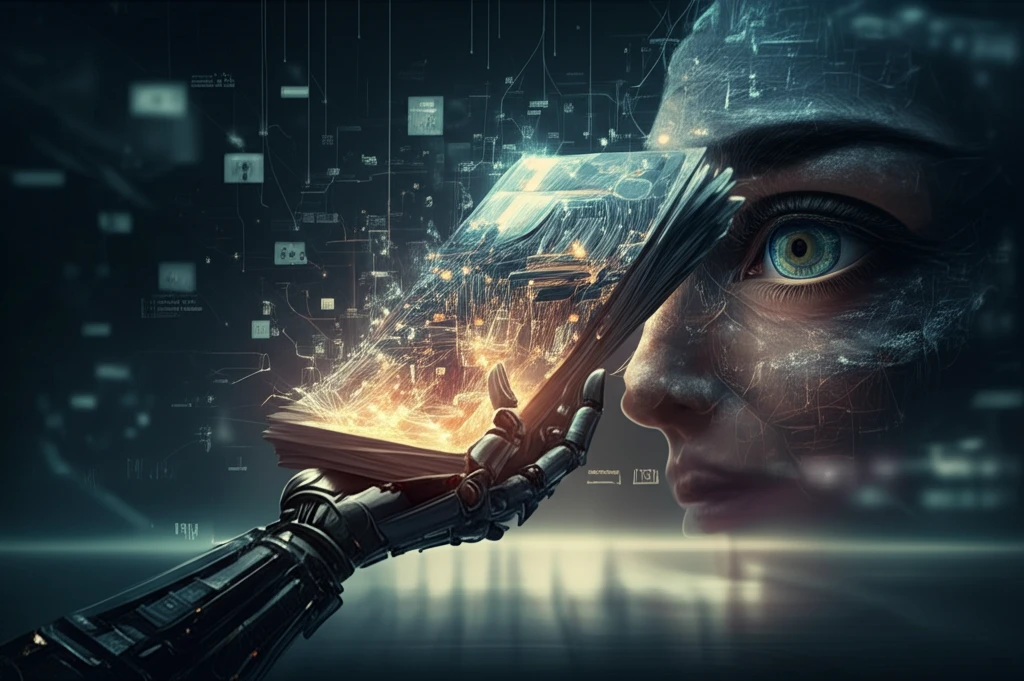 AI performance evaluation: Robot hand assessing documents while a human eye oversees.